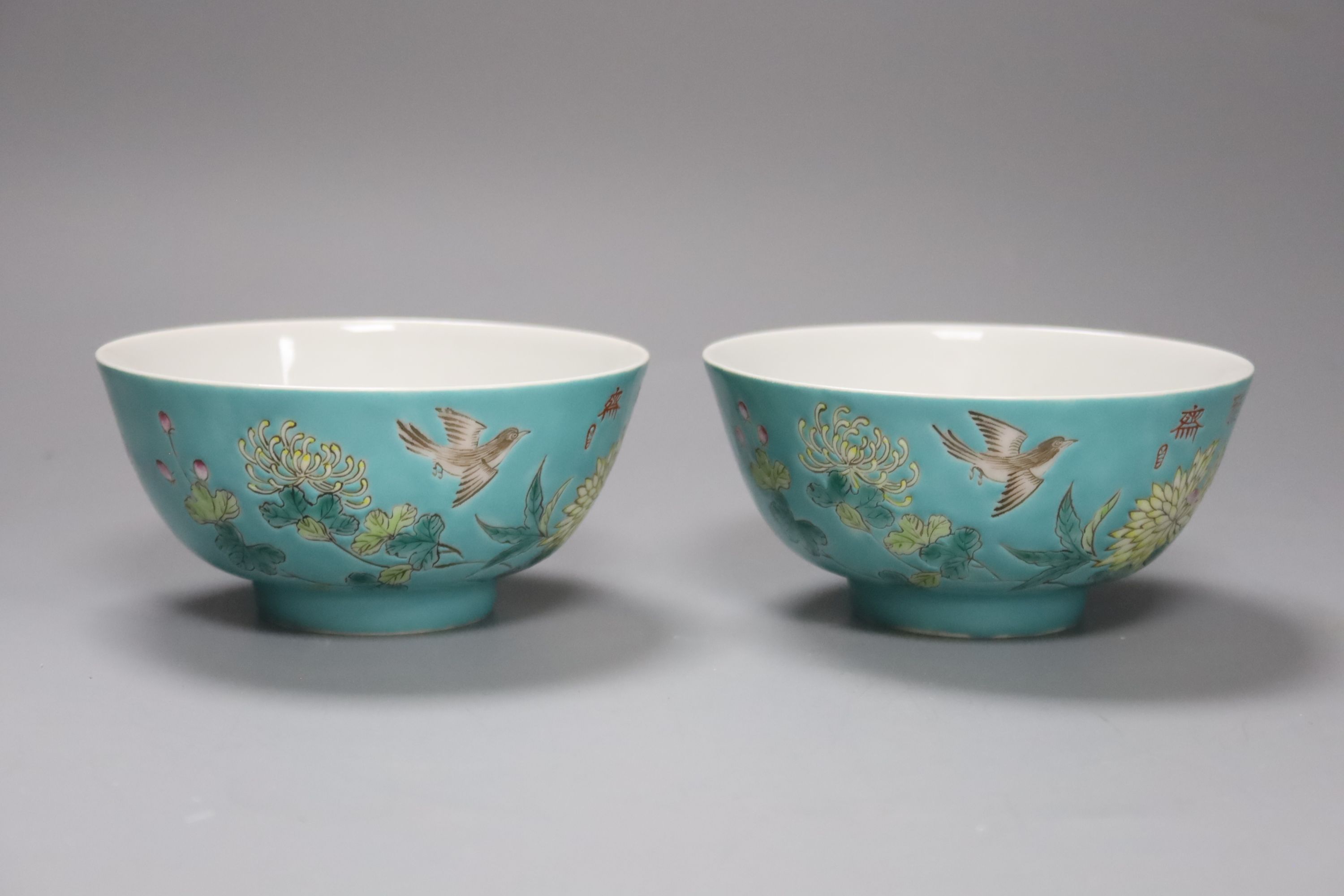 A pair of Chinese turquoise ground bowls, diameter 12cm
